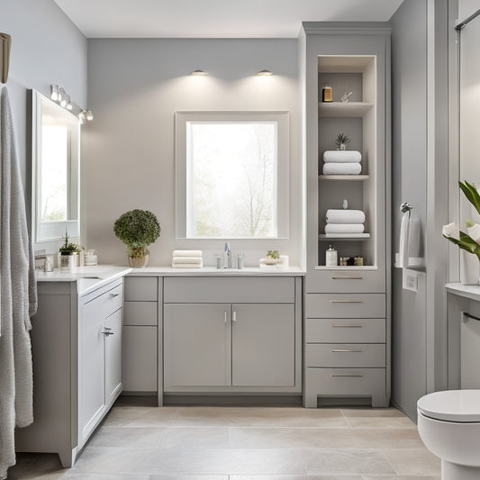 A serene, well-lit bathroom with a sleek, wall-mounted countertop featuring a recessed area for a sink, surrounded by adjustable, ergonomic storage bins and shelves in a calming, light-gray color scheme.