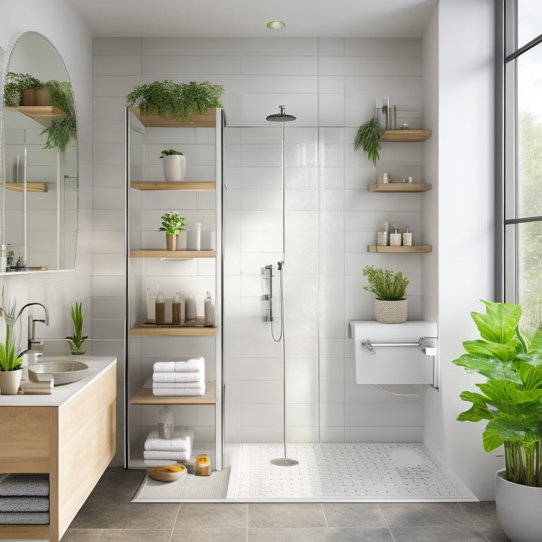 A serene, modern bathroom with a large, walk-in shower featuring three varying shower shelves: a recessed shelf with soap and shampoo, a floating glass shelf with a potted plant, and a corner shelf with a rainfall showerhead.