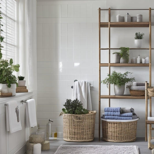 A serene bathroom with a ladder shelving unit against a white wall, holding rolled towels, decorative baskets, and a few ornate bottles, with a few green plants on the top rung.