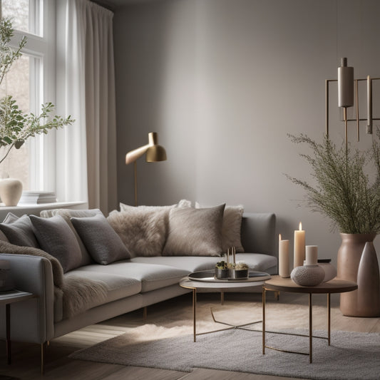 A serene, minimalist living room with a few, carefully chosen decorative pieces, amidst a subtle backdrop of soft, warm lighting, contrasting with a cluttered, darkened room in the background.