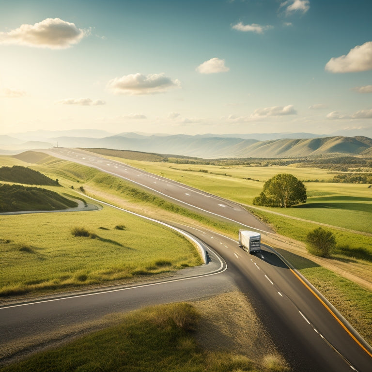 A serene, aerial view of a highway intersection with a moving truck in the foreground, surrounded by rolling hills and a few fluffy white clouds, conveying a sense of transition and new beginnings.