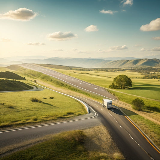 A serene, aerial view of a highway intersection with a moving truck in the foreground, surrounded by rolling hills and a few fluffy white clouds, conveying a sense of transition and new beginnings.