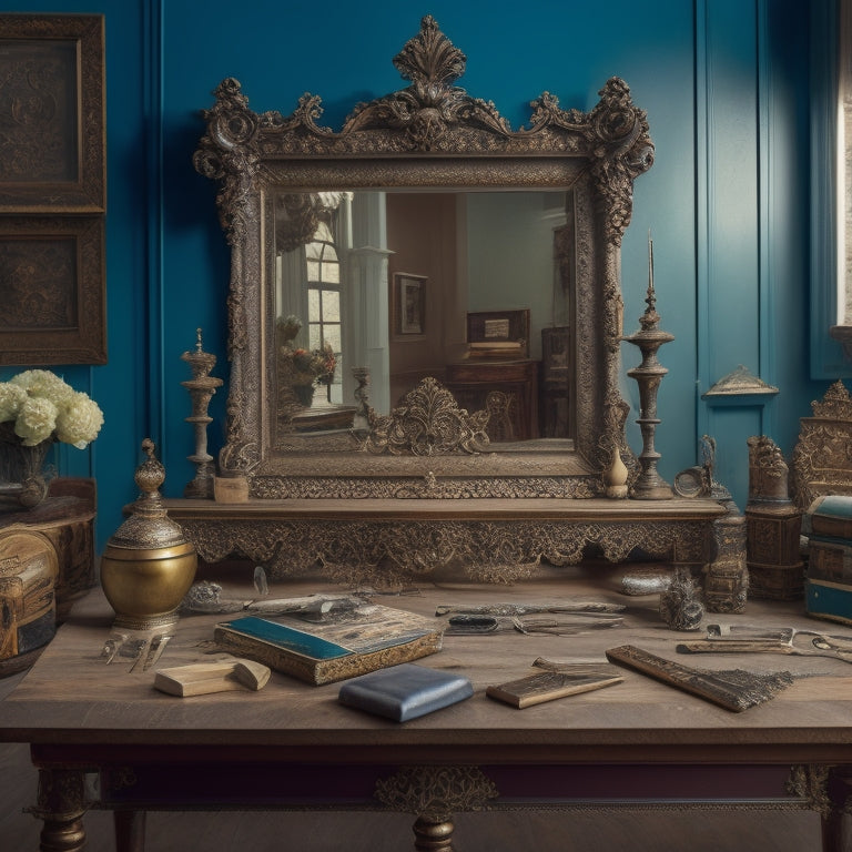 A beautifully styled workshop table with various wooden frames, decorative moldings, and ornate carvings, surrounded by scattered tools, paint swatches, and a large, ornate mirror with a partially completed frame.