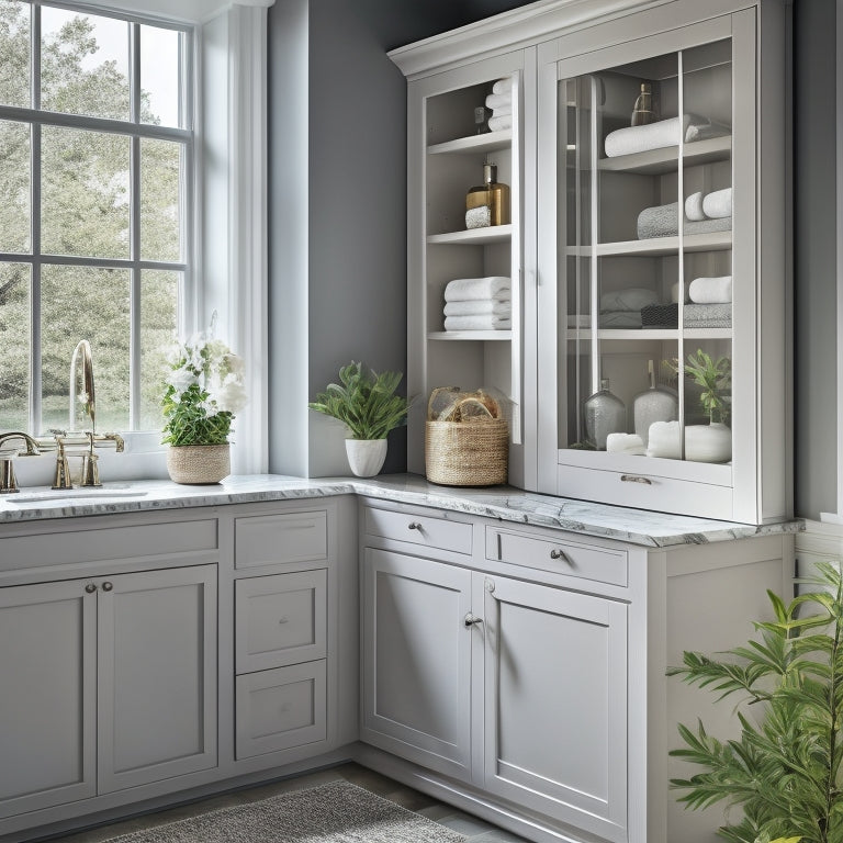 A bathroom hutch with drawers in a stylish, modern space: soft gray walls, white marble countertops, and a large window with natural light flooding in, showcasing three distinct hutch styles side-by-side.