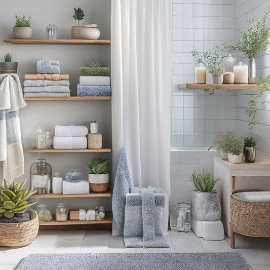 A beautifully arranged bathroom with open shelving, featuring neatly stacked plush towels, glass jars filled with bath salts, potted succulents, and decorative candles, against a backdrop of soft pastel tiles and natural wood accents.