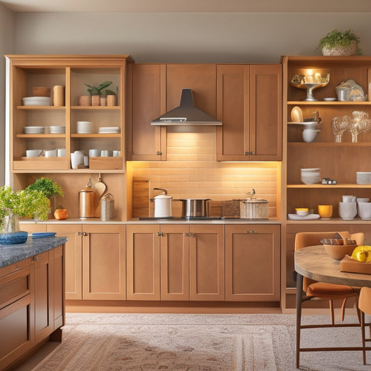 A warm, well-lit kitchen with sleek, modern cabinets featuring pull-out shelves, adjustable dividers, and soft-close drawers, with a few neatly arranged cookbooks and decorative vases on top.