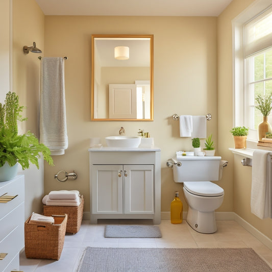 A serene, well-lit bathroom with a minimalist aesthetic, featuring a gleaming white sink, a tidy toilet, and a shower area with a few strategically placed cleaning tools and a small, organized caddy.