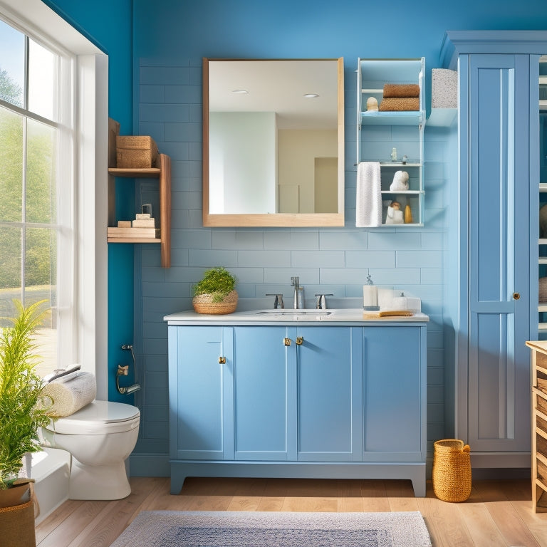 A bright, modern bathroom with a wall-mounted cabinet featuring a mirrored door, a pedestal sink with a built-in storage shelf, and a floor-to-ceiling storage unit with baskets and woven bins.