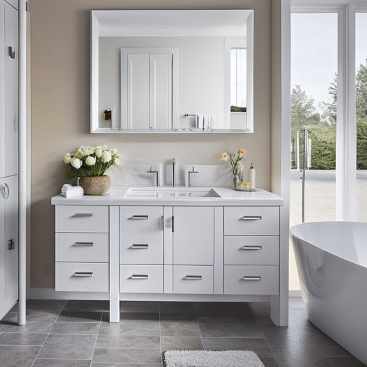 A modern bathroom with sleek, white cabinets and countertops, featuring a pull-out drawer organizer, a sliding shelf, and a pedestal sink storage unit, all in a polished chrome finish.