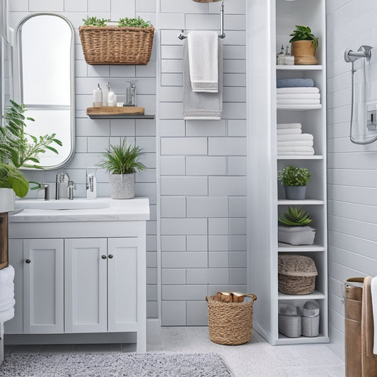 A tidy bathroom with a wall-mounted cabinet, a tiered storage unit, and a shower caddy, showcasing a organized space with rolled towels, baskets, and a few decorative elements like a small potted plant.