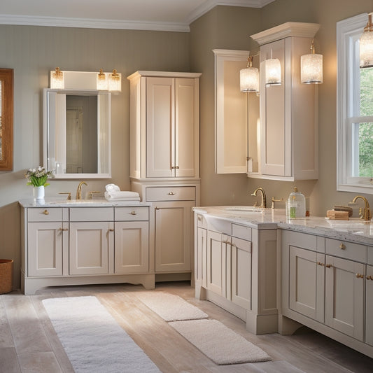 A serene bathroom scene featuring three freestanding cabinets with sinks on top, each with distinct styles and finishes, set against a neutral background with soft, warm lighting.