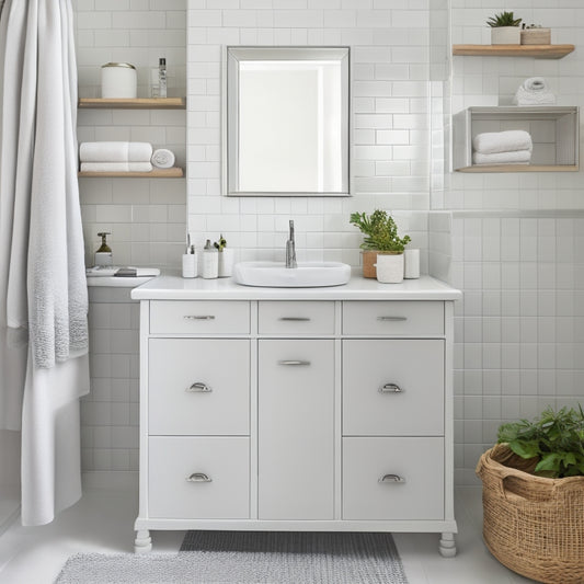 A serene, white-tiled bathroom with a wall-mounted shelf holding three woven baskets, a recessed cabinet with glass drawers, and a sleek, chrome-finished faucet against a subtle gray background.