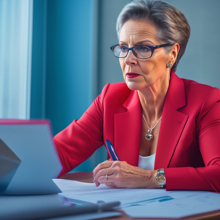 A professional, middle-aged businesswoman with a thoughtful expression, surrounded by financial charts and graphs on a large desk, pointing to a specific data point with a red pen.