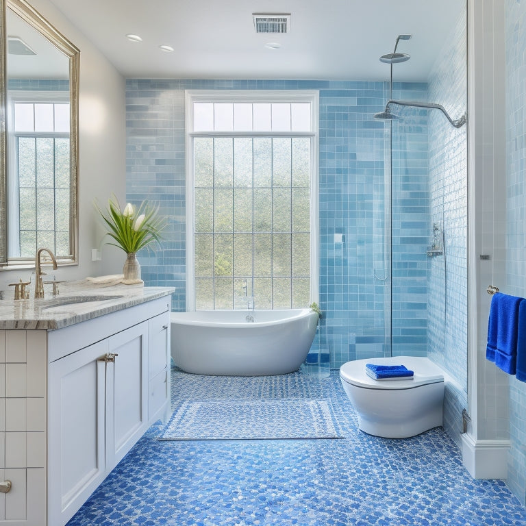 A serene, luxurious bathroom with a large, walk-in shower featuring a sleek, frameless glass enclosure, rainfall showerhead, and mosaic tile flooring in shades of calming blue and white.