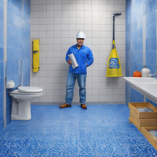 An illustration of a person standing in front of a restroom floor plan, surrounded by puzzle pieces, blueprints, and construction hats, with a subtle background of tile patterns and plumbing fixtures.