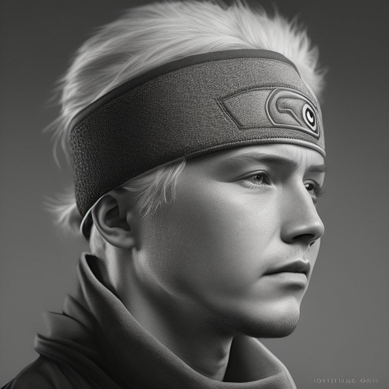 A minimalist illustration featuring Naruto Uzumaki's iconic ninja headband and forehead protector in intricate black and white embroidery, set against a subtle gradient background with subtle thread textures.