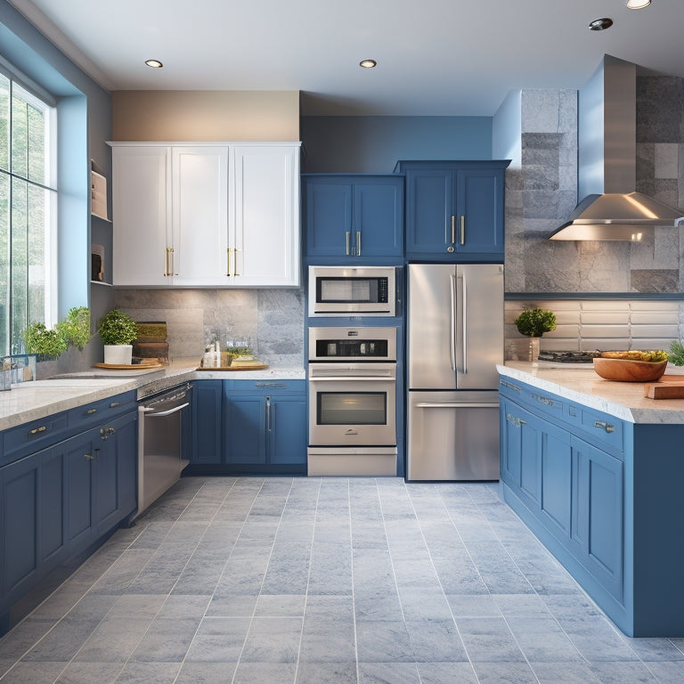 A modern kitchen and bathroom fusion image featuring a large, sleek kitchen island with a built-in sink and stove, surrounded by 3D blueprints and design templates, with a subtle grid background.