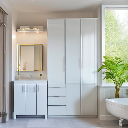 A sleek, modern bathroom with a wall-mounted, slimline storage unit featuring adjustable shelves, soft-close drawers, and a mirrored cabinet door, surrounded by gleaming chrome fixtures and crisp white tiles.