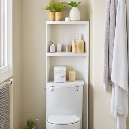 A serene, minimalist bathroom featuring a sleek, white corner shelf unit with three tiers, holding a few, carefully placed toiletries and decorative objects, against a soft, creamy background.