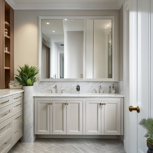 A modern bathroom with a large, wall-mounted cabinet featuring two doors with polished chrome handles, open to reveal organized shelves and a mirrored interior, surrounded by marble countertops and a sleek sink.