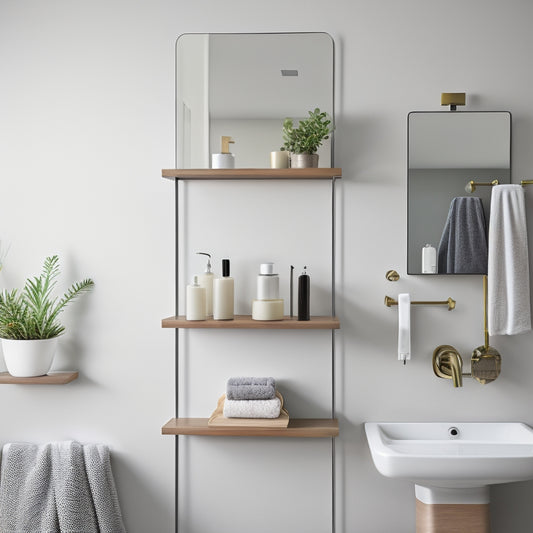 A modern bathroom with white walls and gray floor, featuring two floating shelves in a wooden tone, held by sleek metal brackets with a subtle industrial design, surrounded by minimalist decorative items.
