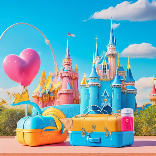 A colorful illustration of a Disney-themed suitcase overflowing with essentials like sunscreen, Mickey ears, a refillable water bottle, and a foldable stroller, set against a bright blue sky with Cinderella's Castle in the background.