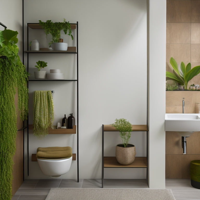 A sleek, modern bathroom with a wall-mounted toilet and three distinct shelf styles: a floating wooden slab, a minimalist glass ledge, and a decorative metal basket, each showcasing decorative towels and plants.