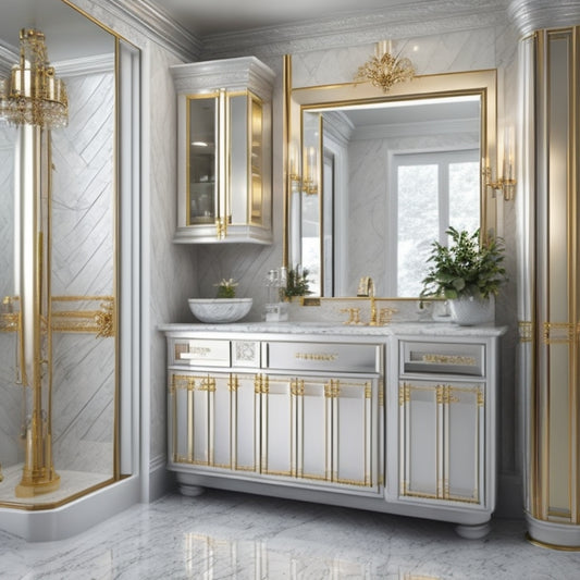 Generate an image of a luxurious bathroom with a floor-to-ceiling mirrored cabinet featuring a geometric pattern of silver and gold accents, surrounded by marble countertops and soft, warm lighting.