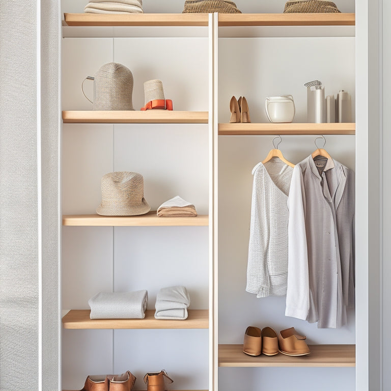 A minimalist, modern closet interior with three-tiered, reclaimed wood shelves adorned with stylish, minimalist clothing and accessories, against a soft, creamy white background.