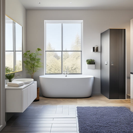 A minimalist bathroom with a freestanding tub, surrounded by sleek, chrome-finished storage units, featuring small, rounded, matte-black labels with subtle, debossed patterns, adding a touch of sophistication.