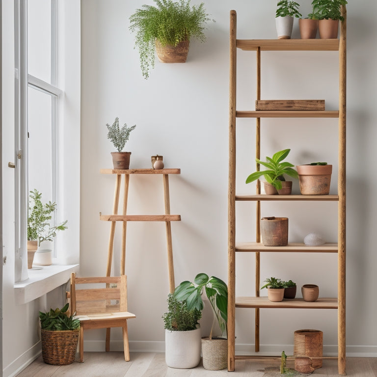 A brightly lit, minimalist room with a wooden ladder leaned against a white wall, holding three potted plants on rustic wooden shelves, surrounded by scattered DIY materials and tools.