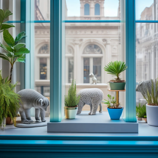 A bright and airy storefront with 3D printed sculptures of endangered animals on shelves, surrounded by plants and warm lighting, with a subtle background of a cityscape.