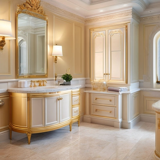 A luxurious bathroom featuring a wall-mounted, cream-colored vanity with ornate gold hardware, paired with a matching floor-to-ceiling cabinet, set against a backdrop of marble flooring and soft, warm lighting.