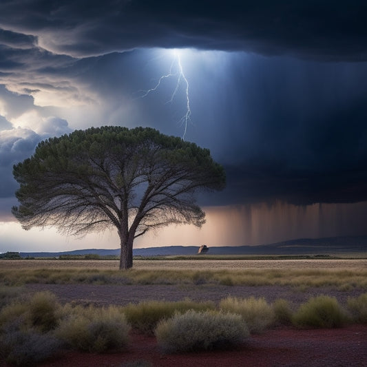 A dramatic, ominous landscape with a massive, dark storm cloud dominating the sky, lightning illuminating the turbulent clouds, and a lone, battered tree standing defiantly in the foreground.