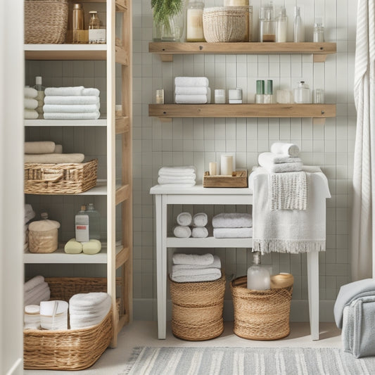 A tidy bathroom with open shelving units in a soft, calming color palette, showcasing stacked woven baskets, decorative glass jars, and tiered wooden shelves holding rolled towels and skincare products.