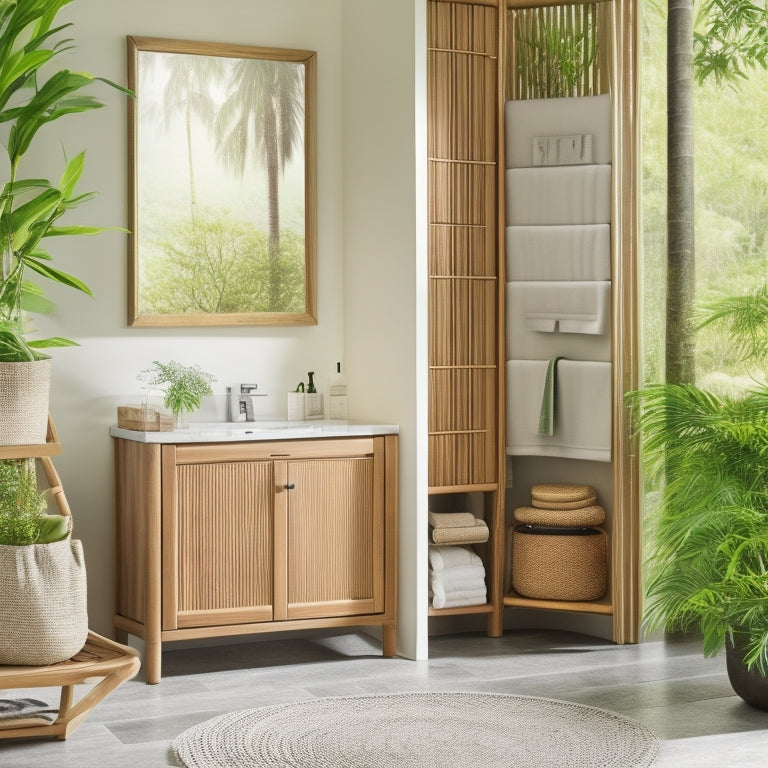 A serene bathroom scene featuring a wall-mounted bamboo cabinet with sliding doors, a freestanding bamboo shelving unit, and a woven bamboo basket on the countertop, amidst a calming greenery backdrop.