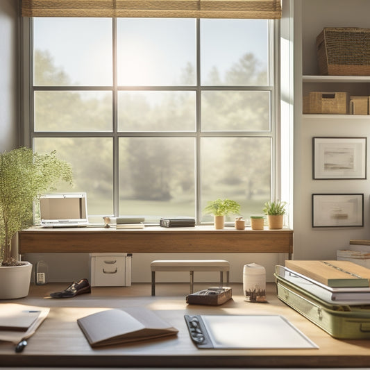 An organized home building workspace with a clean desk, labeled folders, and a neatly arranged toolbox, surrounded by a calm and serene natural background with gentle sunlight filtering through.