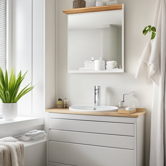 A modern bathroom with a sleek, white shelf installed above a sink, surrounded by minimalist decorations, and a subtle hint of a DIY toolbox in the corner.