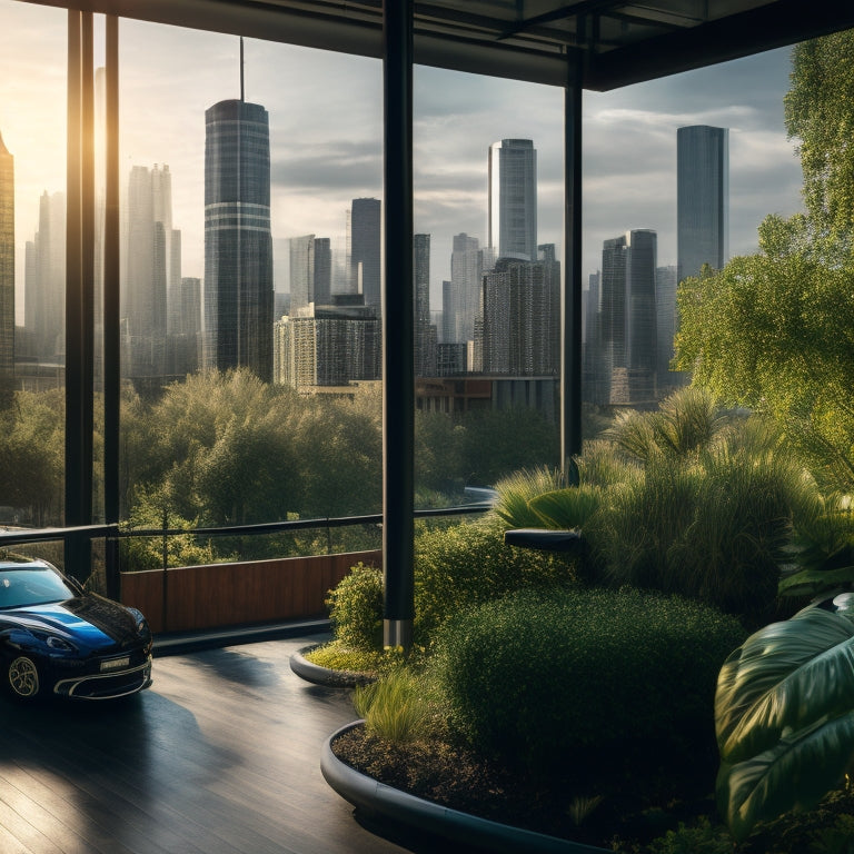 A cityscape with a modern, sleek boxing gym in the foreground, surrounded by lush greenery, adjacent to a contemporary lodging facility with a rooftop garden and a hint of urban skyline.