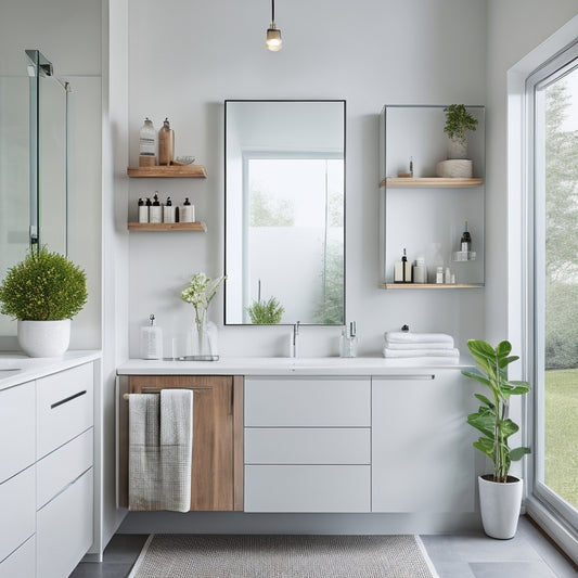 A serene, modern bathroom with a wall-mounted sink, a floor-to-ceiling glass shower, and a mirrored cabinet above the sink, showcasing clever storage solutions in a compact space.