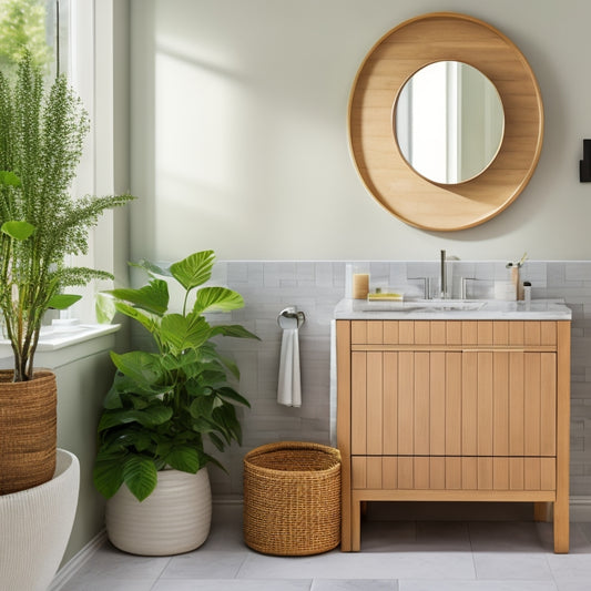 A serene, modern bathroom with a sleek, wall-mounted cabinet, woven basket storage, and a marble countertop with a few, carefully-placed, spa-inspired accessories and a potted plant on the edge.