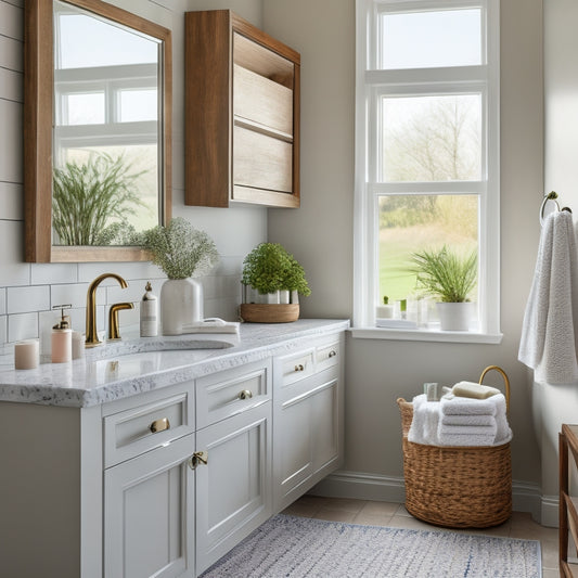 A cozy bathroom with a compact vanity featuring open shelves, woven baskets, and neatly arranged toiletries. Soft natural light filters through a frosted window, highlighting elegant tiles and a stylish mirror above the sink.