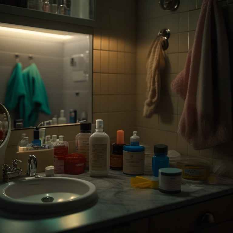 A dimly lit bathroom with cabinet doors slightly ajar, revealing a mess of tangled hair ties, expired medication, and dusty beauty products, with a few curious eyes peeking from the shadows.