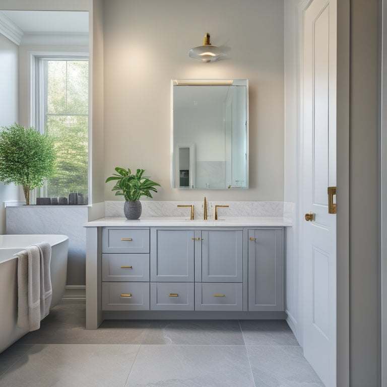 A sleek, modern bathroom with a wall-mounted vanity featuring a rectangular sink, above-counter basin, and a recessed medicine cabinet with a mirrored door, surrounded by grey and white marble tiles.