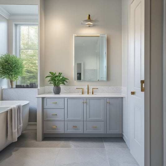 A sleek, modern bathroom with a wall-mounted vanity featuring a rectangular sink, above-counter basin, and a recessed medicine cabinet with a mirrored door, surrounded by grey and white marble tiles.