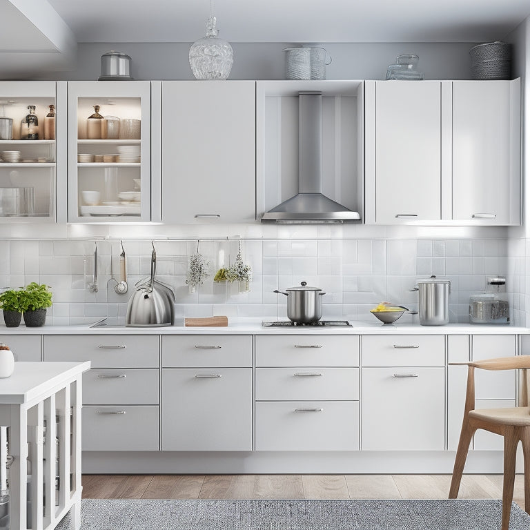 A modern kitchen with crisp white walls, showcasing three wall-mounted cabinets in varying sizes, with sleek silver handles, and filled with neatly organized kitchen utensils, pots, and pans.