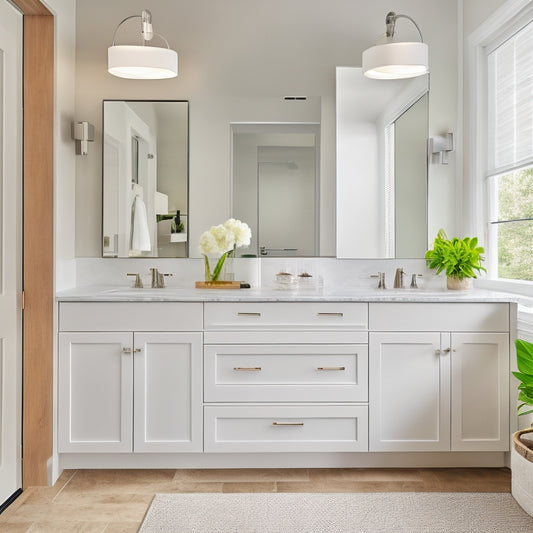 A modern, white Shaker-style bathroom with a sleek, floor-to-ceiling storage drawer bank featuring horizontal wooden slats, chrome handles, and a wall-mounted LED mirror above a crisp, white countertop.