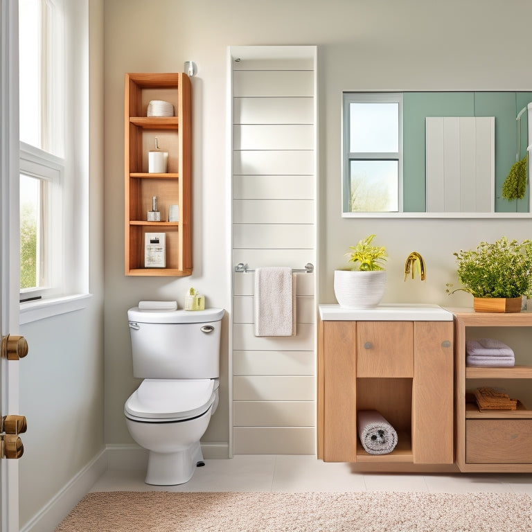 A serene, modern small bathroom with a wall-mounted sink, a sleek toilet, and a compact shower stall, featuring a recessed medicine cabinet, a pedestal sink storage unit, and a woven basket on a shelf above the toilet.