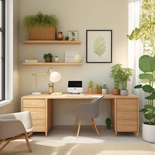 A serene, well-lit, and minimalist home office with a tidy desk, labeled file cabinets, and a few, carefully placed, decorative plants, surrounded by soft, creamy walls and light wooden accents.