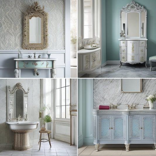 A collection of vintage mirrored bathroom cabinets in various styles: ornate baroque with intricate carvings, sleek mid-century modern with minimalist lines, and rustic farmhouse with distressed finishes, all displayed against soft pastel walls.